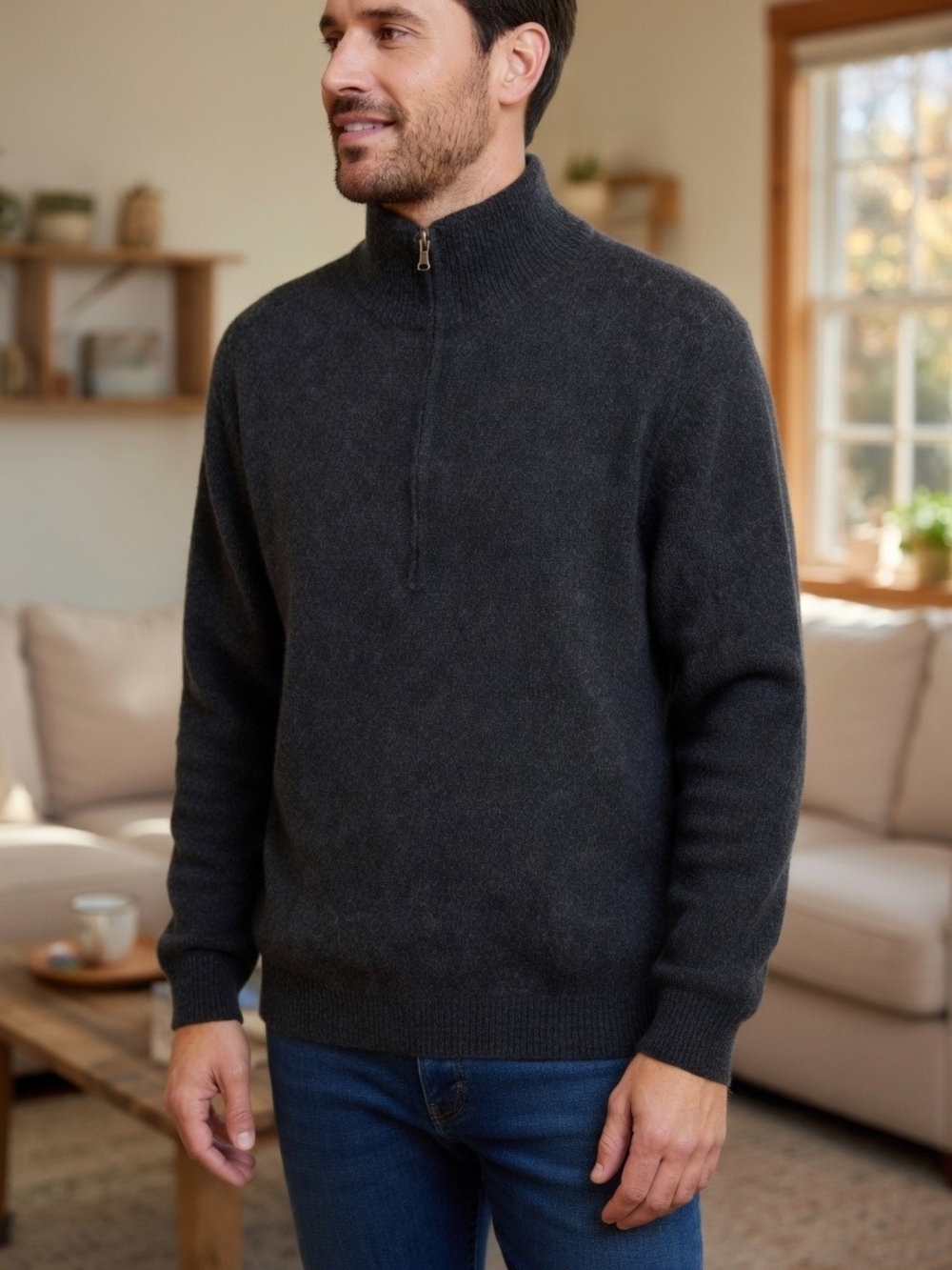 Maglificio Bartolini Men's 100% Cashmere Charcoal Grey Quarter-Zip Sweater L